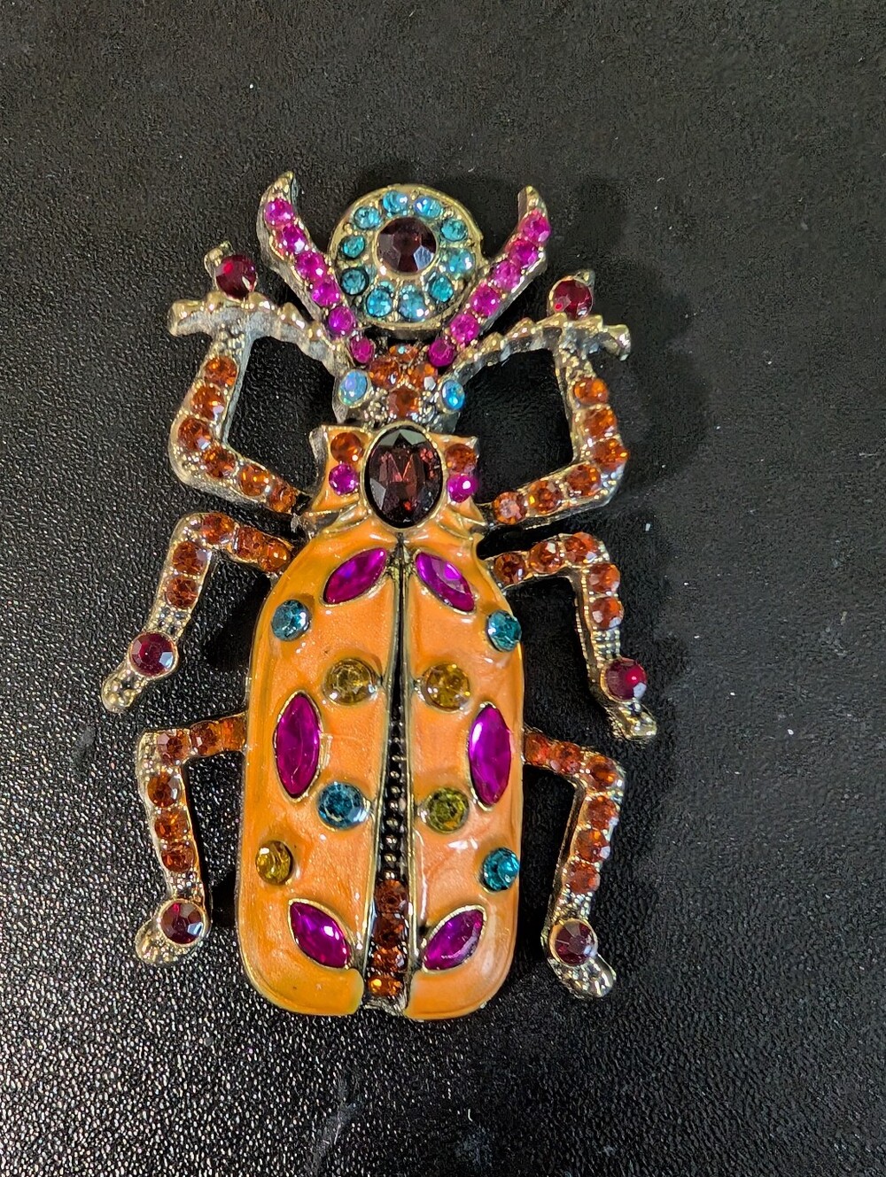 Decorative Orange Jeweled Beetle Brooch - Vibrant Accent Pin